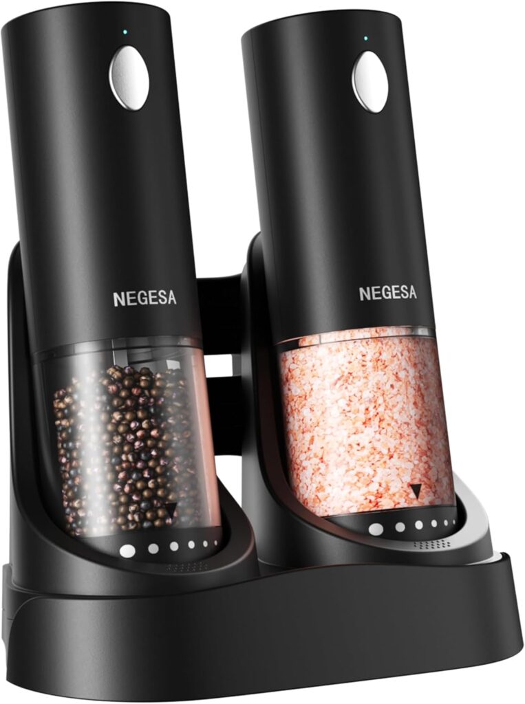 Electric Salt and Pepper Grinder Set with Rechargeable Base – Automatic Refillable Electric Salt and Pepper Shakers with Large Capacity, LED Light & Adjustable Coarseness, Black