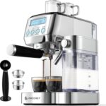AMZCHEF Espresso Machine with LCD Display, 20 Bar Cappuccino Machines with Automatic Milk Frother for Home Gifts, Latte Coffee Maker with Dual Wall & Filters, Stainless Steel Style sliver