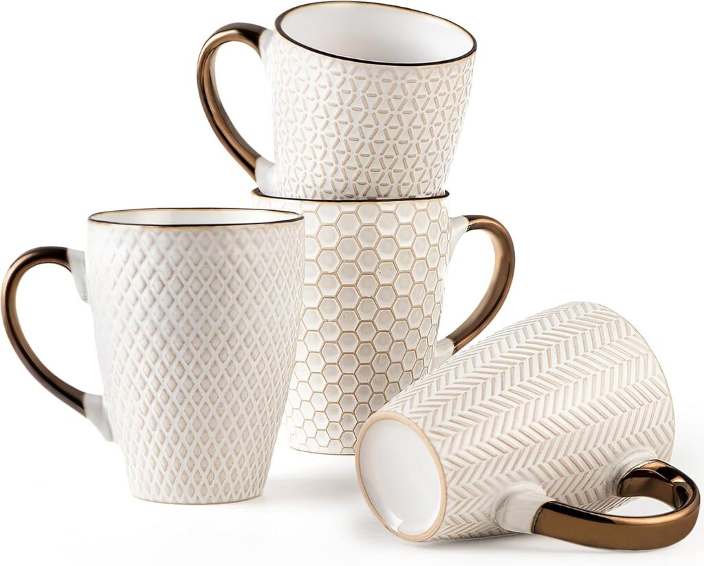 Ceramic Coffee Mug Set – 16 Oz Large Coffee Mugs – Embossed Stoneware Cups with Handle for Latte Tea Cappuccino Cocoa – Microwave Dishwasher Safe – Set of 4 – White