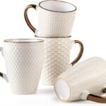 Ceramic Coffee Mug Set – 16 Oz Large Coffee Mugs – Embossed Stoneware Cups with Handle for Latte Tea Cappuccino Cocoa – Microwave Dishwasher Safe – Set of 4 – White
