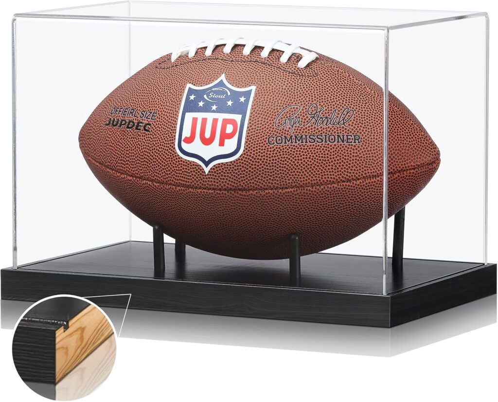 JupDec Football Display Case Full Size, Acrylic Clear Box with Wood Stand, UV Protected Memorabilia Holder, for Football Fans & Collectors, Sports Collectibles, No Assembly Required, Black