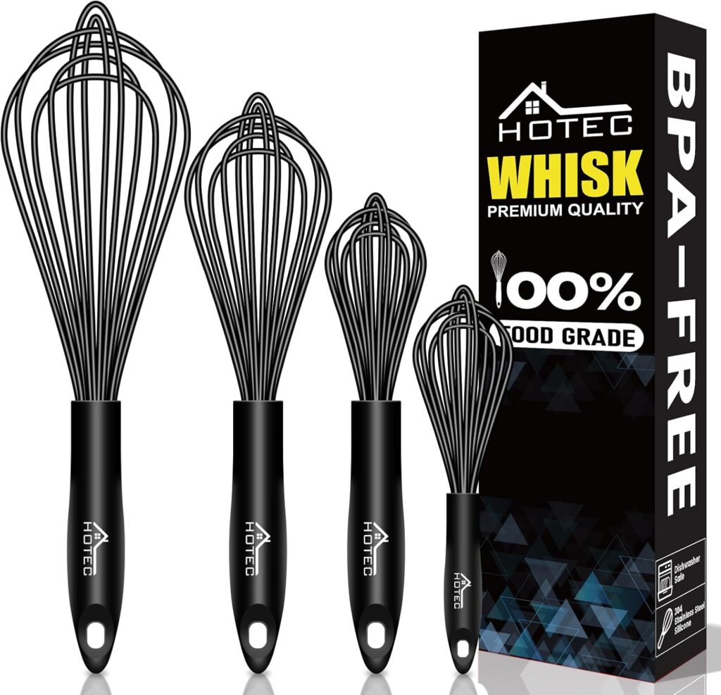 HOTEC 4 Pieces Silicone Whisks Set, Wire Balloon Whisks Egg Beater, Non-slip Handle Whisk for Non-stick Cookware Perfect for Cooking, Stirring, Beating and Blending (Black)
