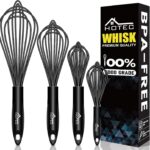 HOTEC 4 Pieces Silicone Whisks Set, Wire Balloon Whisks Egg Beater, Non-slip Handle Whisk for Non-stick Cookware Perfect for Cooking, Stirring, Beating and Blending (Black)