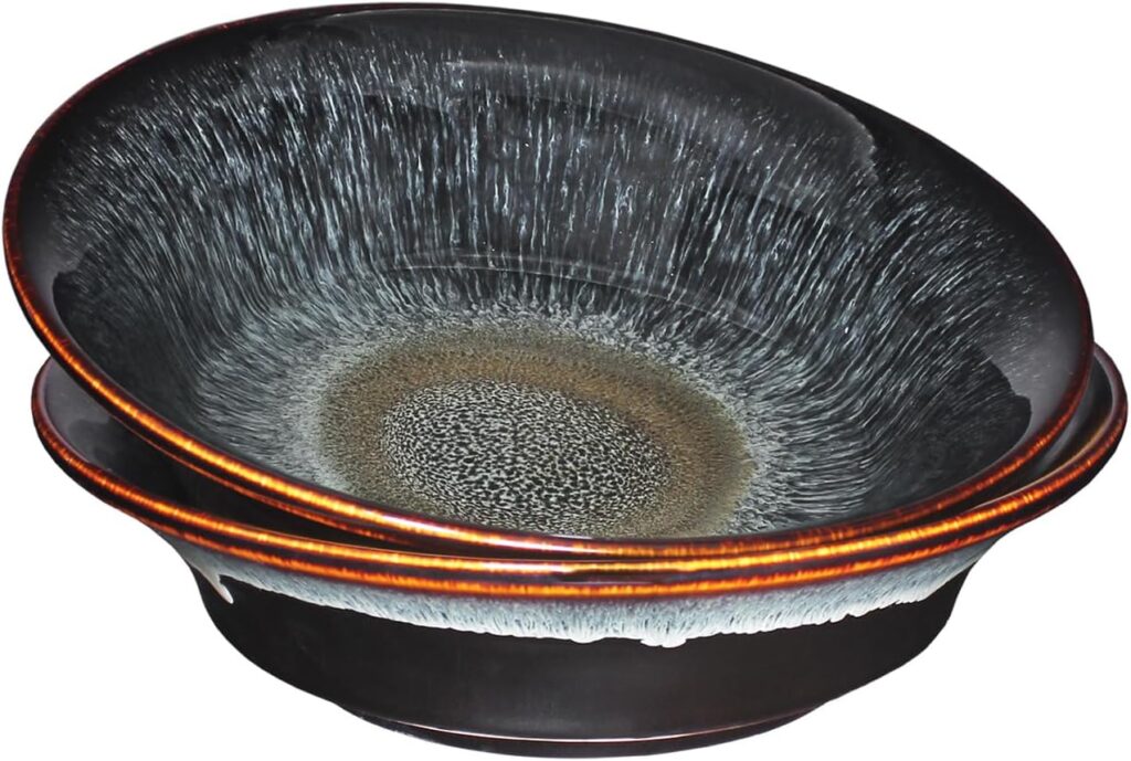 Ceramic Pasta Bowls Set of 2, 3 quart Large Salad Bowls, Deep Wide Mouth Bowl Easy to stir, for Soup, Fruits, Serving, Kitchen Dinnerware, Dishwasher Microwave Safe, Black reactive glaze