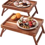 2 Pack Acacia Wood Bed Tray Table with Folding Legs,Breakfast Trays,Serving Tray for Food and Snack,Laptop Trays for Working(Natural)
