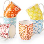 AntoKueh Ceramic Coffee Mugs, 14OZ Porcelain Mugs, Set of 6 with handle for Coffee, Tea, Milk, Cappuccino, Vintage Colorful, Festival Gifts