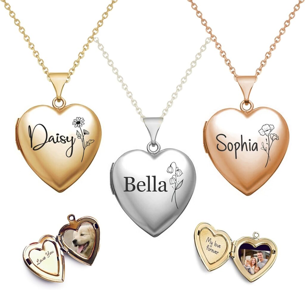 Twenty&Sixty Personalized Heart Locket Necklace for Women, Girl, Kids, Holds Pictures, Birth Flower Personalized & Engraved Picture Locket Necklace Gold/Silver/RoseGold