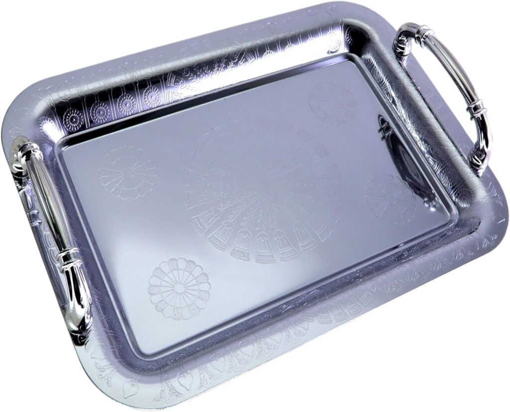 11.4 inch x 7.9 inch Oblong Chrome Plated Serving Tray with Handles Stylish Design Floral Engraved Rainbow Edge Decorative Party Wedding Dessert Buffet Wine Platter Plate FST-071