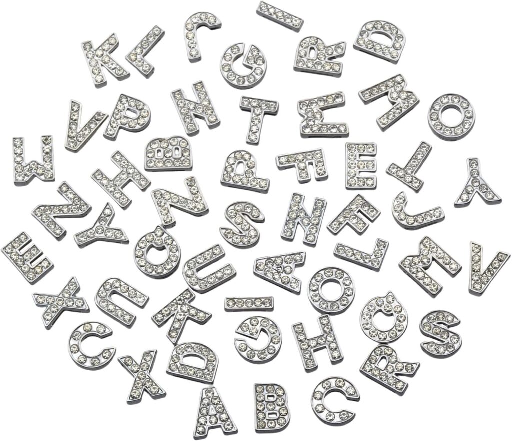 52PCS 8mm A-Z Rhinestone Letters Charms for Bracelet Jewelry Making Junk Case Charms Letter Nail Shoes Charm Slide Crystal Alloy Alphabet Beads DIY Custom Name Initial Silver Charm