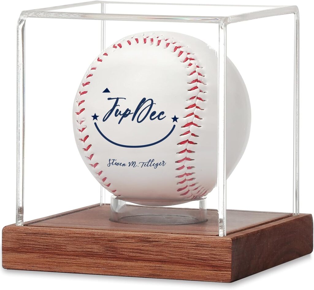 JupDec Baseball Display Case – Clear Cube Baseball Holder with Wooden Base, Autograph Stand Box for Single Ball, Acacia Wood, Brown, 1 Pack