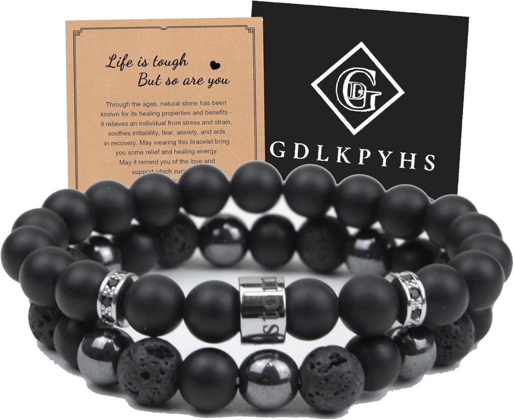 Black Obsidian Bracelet for Men – Black Tourmaline Beaded Bracelets – Mens Bracelet Set 8MM Black Onyx Hematite Lava Stone Beads Triple Protection Bracelet for Men Women Gifts