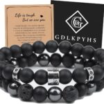 Black Obsidian Bracelet for Men – Black Tourmaline Beaded Bracelets – Mens Bracelet Set 8MM Black Onyx Hematite Lava Stone Beads Triple Protection Bracelet for Men Women Gifts