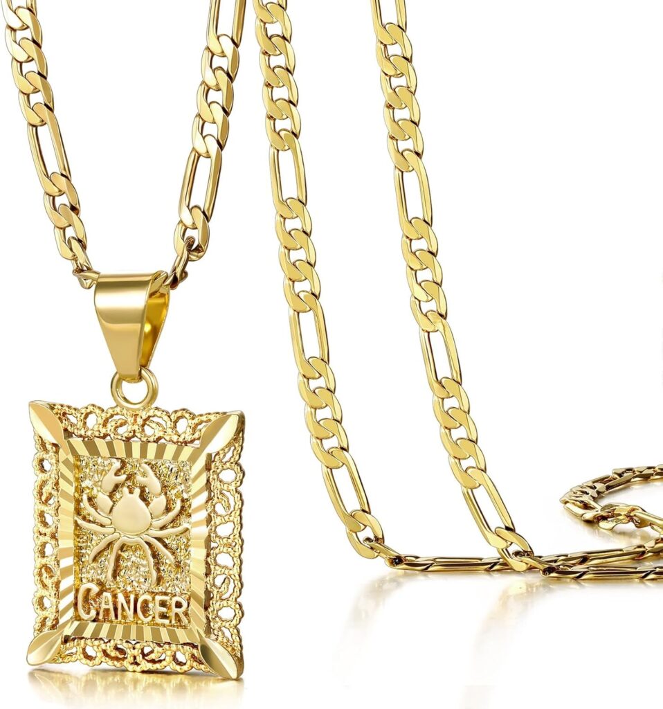 KissYan Zodiac Pendant Necklace for Women Men, 14K Gold Plated Square Constellation Sign Horoscope Figaro Chain Jewelry Birthday Gift