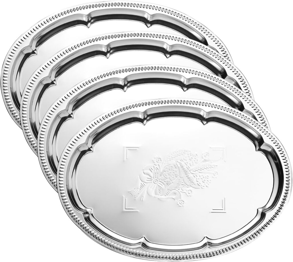 4-Pack 15.7″ x 11.8″ Large Silver Serving Trays Set – Oval Floral Engraved Mirror Tray, Holiday & Party Tableware Platters for Whiskey, Cookies, Charcuterie, Snacks, Desserts, Party Food Display