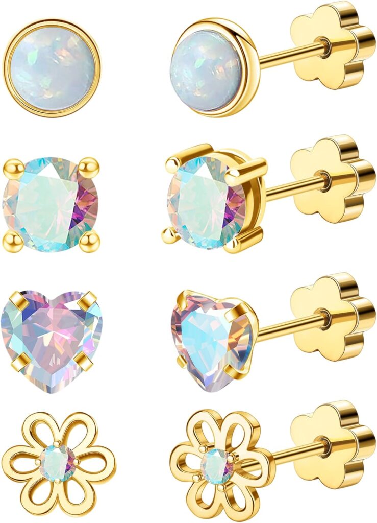 4Pairs Hypoallergenic Screw Back Earrings for Women 14k Gold Surgical Steel Flat Back Earrings Opal CZ Flower Heart Cartilage Earring for Sensitive Skin 20G Handmade Nap Flatback Earrings Studs