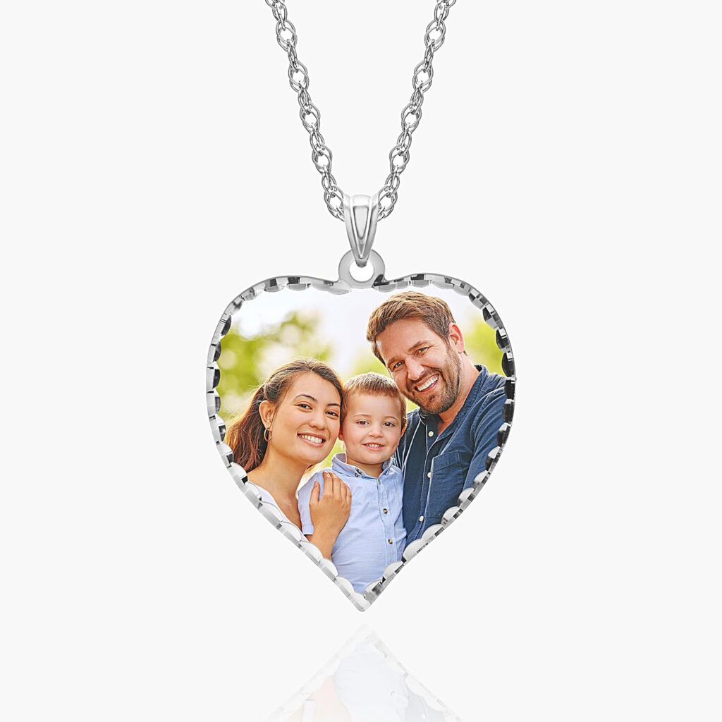 PicturesOnGold.com Personalized Photo Engraved Heart Shaped Picture Necklace with Diamond Cut Edge in Silver, Gold, White Gold or Rose Gold – 1 Inch x 1 Inch