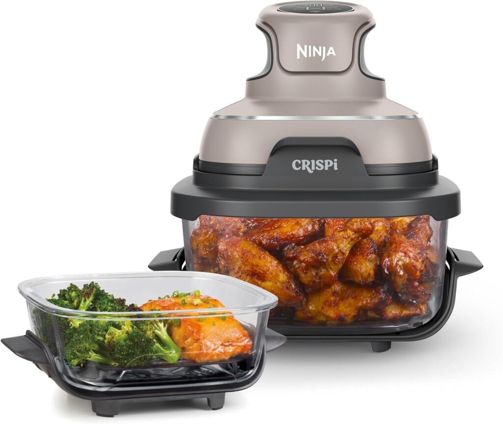 Ninja Crispi Air Fryer, Microwave, Freezer & Dishwasher Safe, Non Toxic Glass Portable Cooking System, 4 QT & 6 Cup Glass Containers with Storage Lids, Easy Meals, Air Fry, Bake, Stone (Renewed)