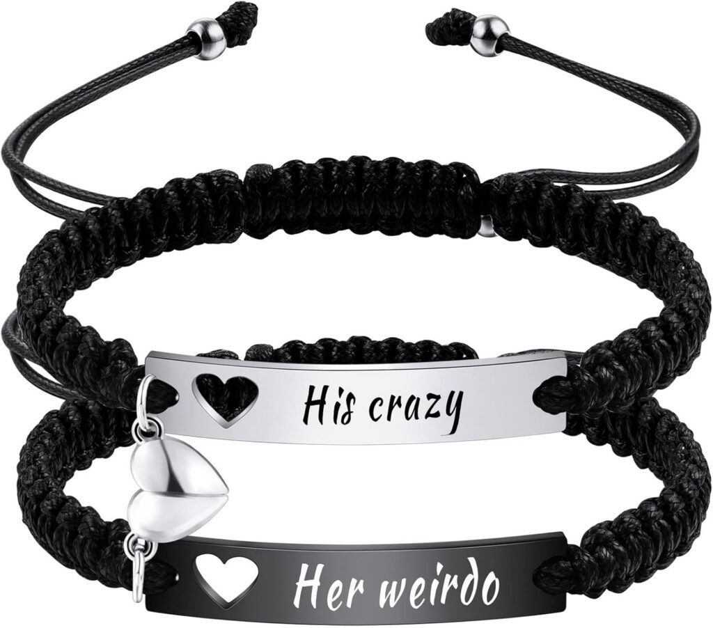 Personalized Matching Bracelets for Couples Adjustable Matching Couples Bracelets Set with Connectable Heart Custom Engraving Relationship Name Bracelet Jewelry Gifts for Men Women Couples