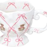 Cute Coffee Mug with Pink Bow Bear, Handmade Kawaii Ceramic Mug for Tea Milk Latte Cocoa 14 oz Funky Novelty Porcelain Cup Birthday Holiday Gifts for Women, Kids and Mothers Day Gifts