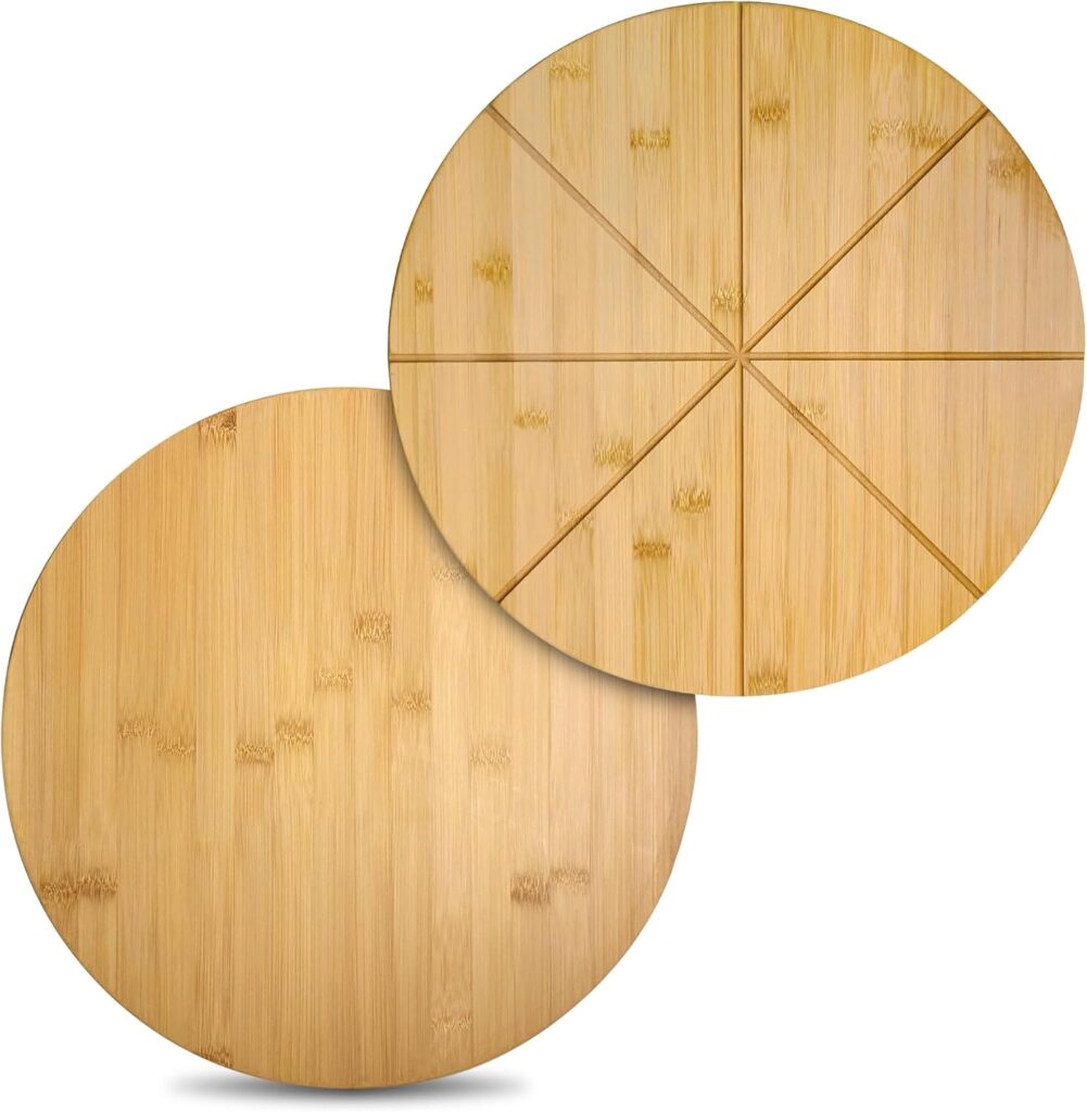 12″ Round Cutting Board Pizza Cutting Board with Cutting Grooves Double Sided 12inch Bamboo Wooden Pizza Tray Serving Platter Pizza Oven Accessories Pizza Prep Board Paddle Circular Circle