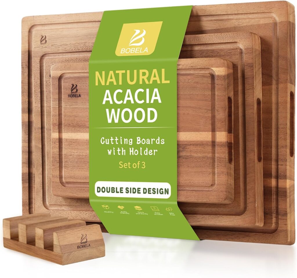 Acacia Wood Cutting Board,Double Sided Wooden Cutting Boards for Kitchen with Deep Juice Grooves,0.8 in Thick Solid Wood Cutting Board Set with Stand for Chopping,Serving Ideal Kitchen Gifts