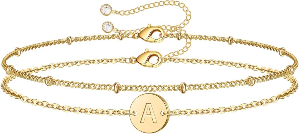 MONOZO Gold Initial Bracelets for Women – Dainty 14K Gold Plated Layered Beaded Letter Initial Bracelet Personalized 26 Alphabet Disc Monogram Charm Bracelet Jewelry Gifts for Women