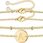 MONOZO Gold Initial Bracelets for Women – Dainty 14K Gold Plated Layered Beaded Letter Initial Bracelet Personalized 26 Alphabet Disc Monogram Charm Bracelet Jewelry Gifts for Women