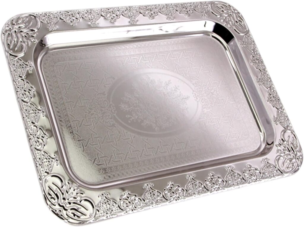 13.9 inch x 9.8 inch Oblong Chrome Plated Serving Tray Stylish Design Floral Engraved Edge Decorative Party Wedding Dessert Buffet Décor Wine Platter Plate NC-212