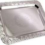 13.9 inch x 9.8 inch Oblong Chrome Plated Serving Tray Stylish Design Floral Engraved Edge Decorative Party Wedding Dessert Buffet Décor Wine Platter Plate NC-212