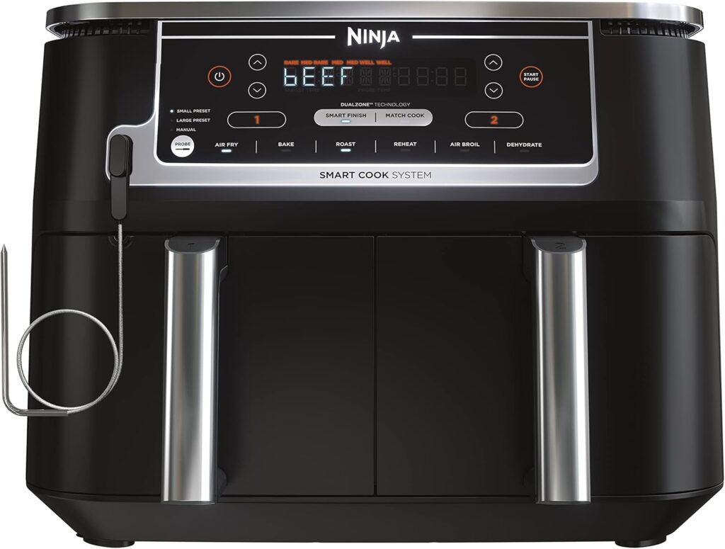Ninja DZ550 Foodi 10 Quart 6-in-1 DualZone Smart XL Air Fryer with 2 Independent Baskets, Smart Cook Thermometer for Perfect Doneness, Match Cook & Smart Finish to Roast, Dehydrate & More, Grey (Renewed)