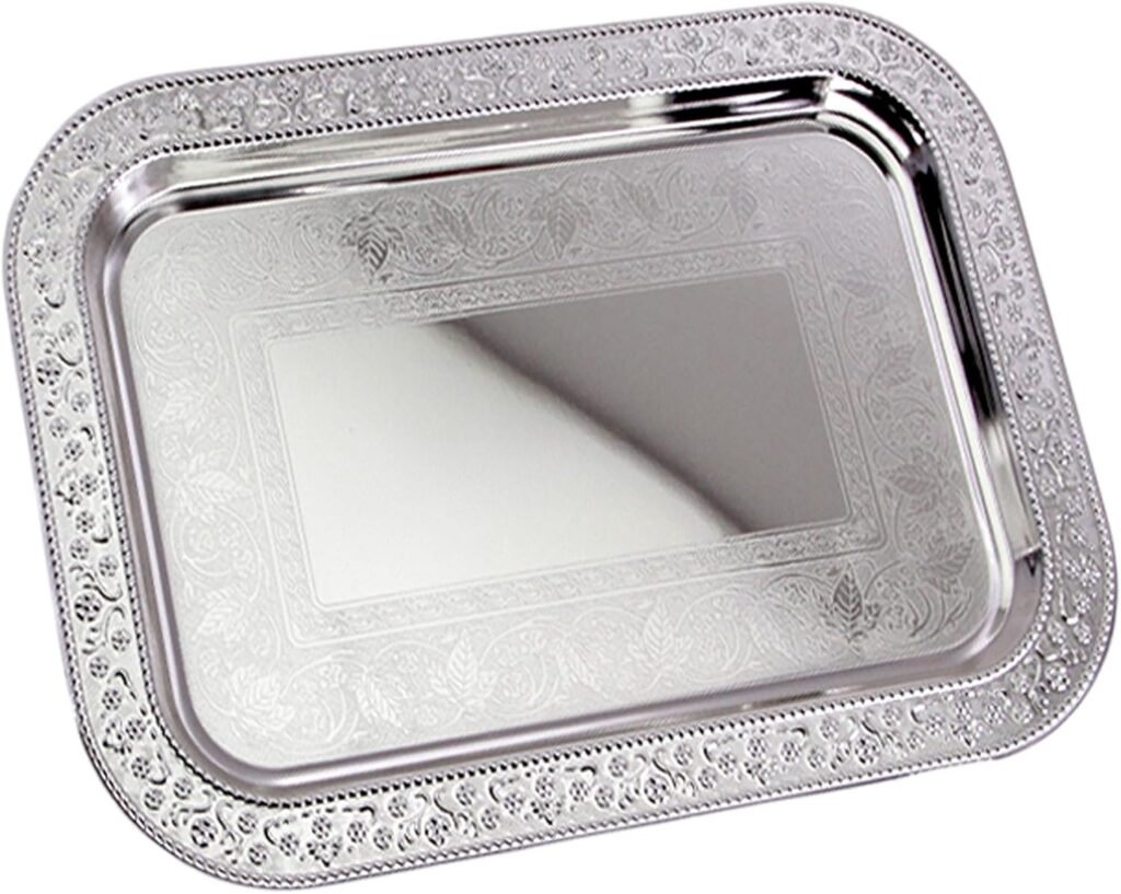 13.5 inch x 9.4 inch Oblong Chrome Plated Serving Tray Stylish Design Floral Engraved Edge Decorative Party Wedding Dessert Buffet Décor Wine Platter Plate NC-237