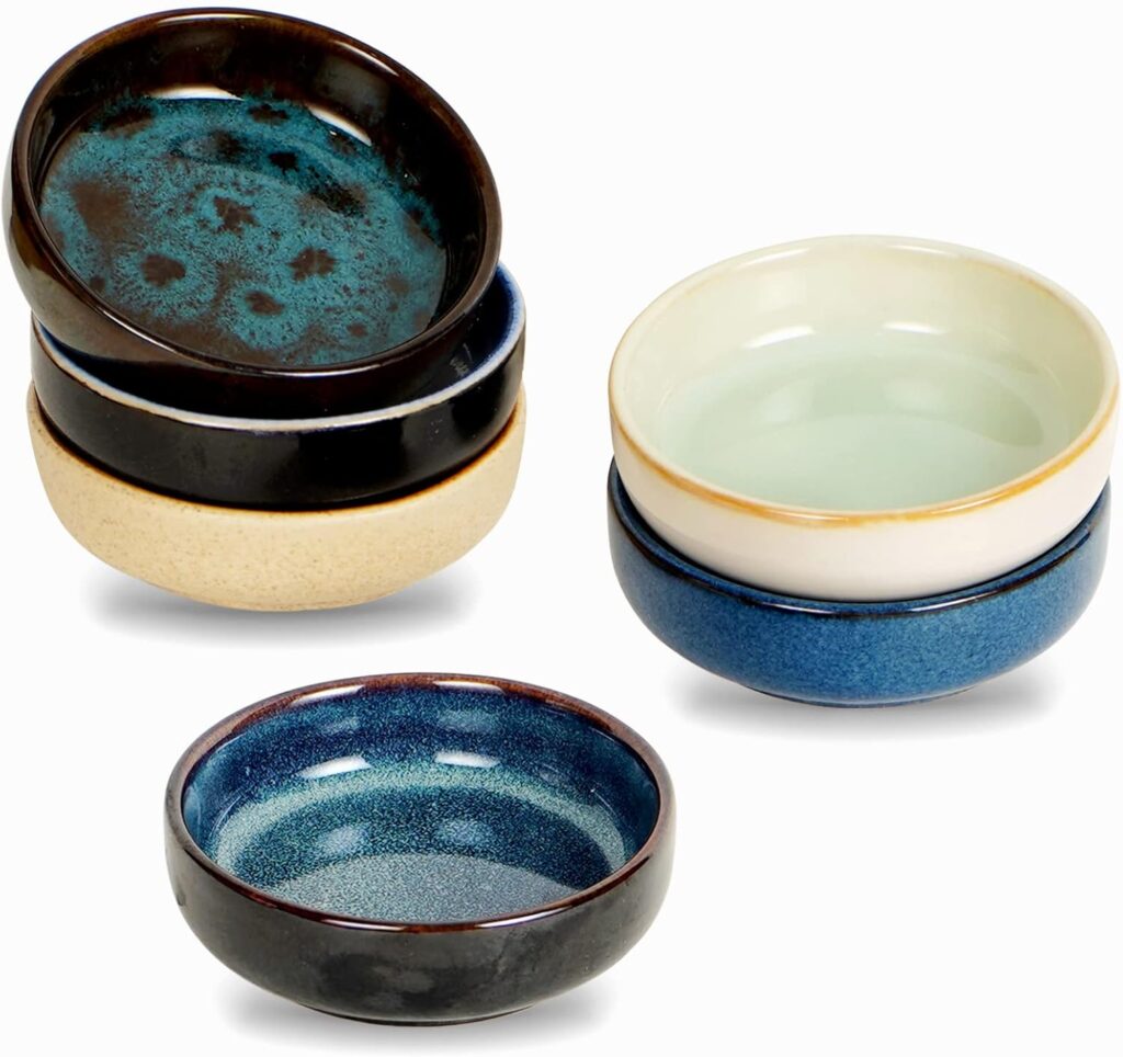 3.35 Inch Ceramic Soy Sauce Dish,Pinch Bowl,Small Dipping Bowls for Side Dishes,Appetizers,Condiments-Set of 6(Assorted Colorful)