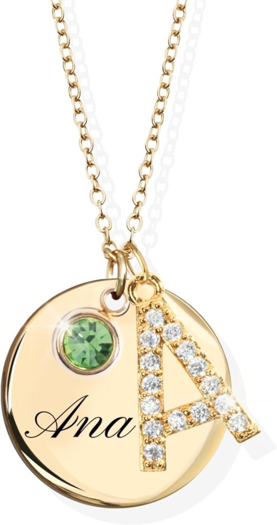 MignonandMignon Personalized Initial Birthstone Necklace for Women Gold Name a Necklace Coin Pendant Custom Jewelry for Mom Gifts for Her – CN-ZI-BS-N