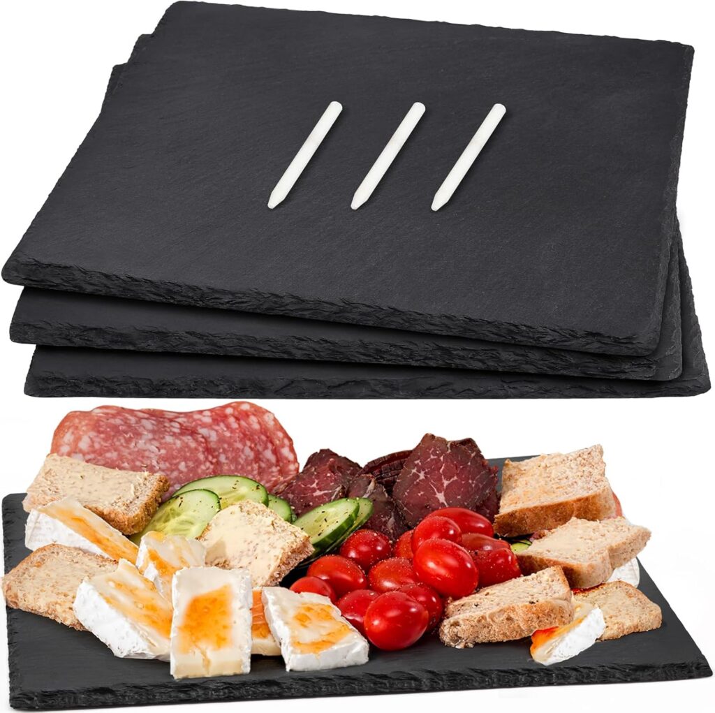 12 x 10 In 4 Pack Slate Cheese Boards, Black Stone Plates Charcuterie Board Gourmet Serving Tray Cheese Platter with Chalks for Sushi, Party, Gifts, Fruit, Meat, Appetizer, Wedding