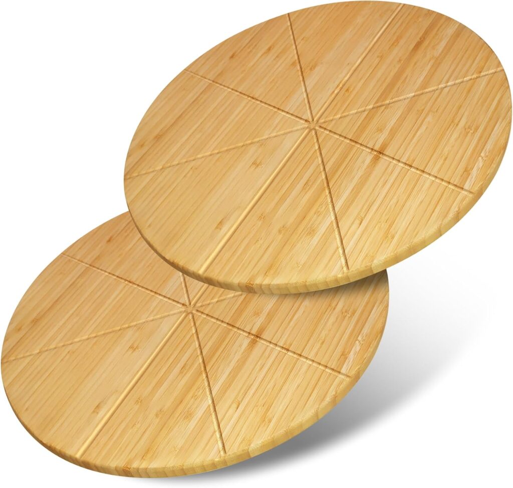 Round Pizza Cutting Board 12inch 2Pack Double Sided Bamboo Wooden Pizza Tray Meat Bread Cheese Serving Platter Pizza Oven Accessories Pizza Prep Board Paddle Blocks Circular Circle