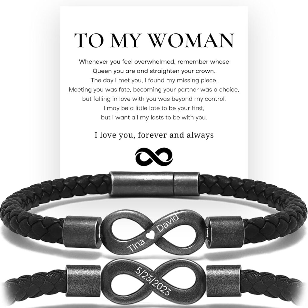 to My Man/Woman Personalized Dual Name Infinity Leather Bracelet Custom Name Stainless Steel Matching Couple Love Promise Braided Bracelet, Wife/Husband Gifts