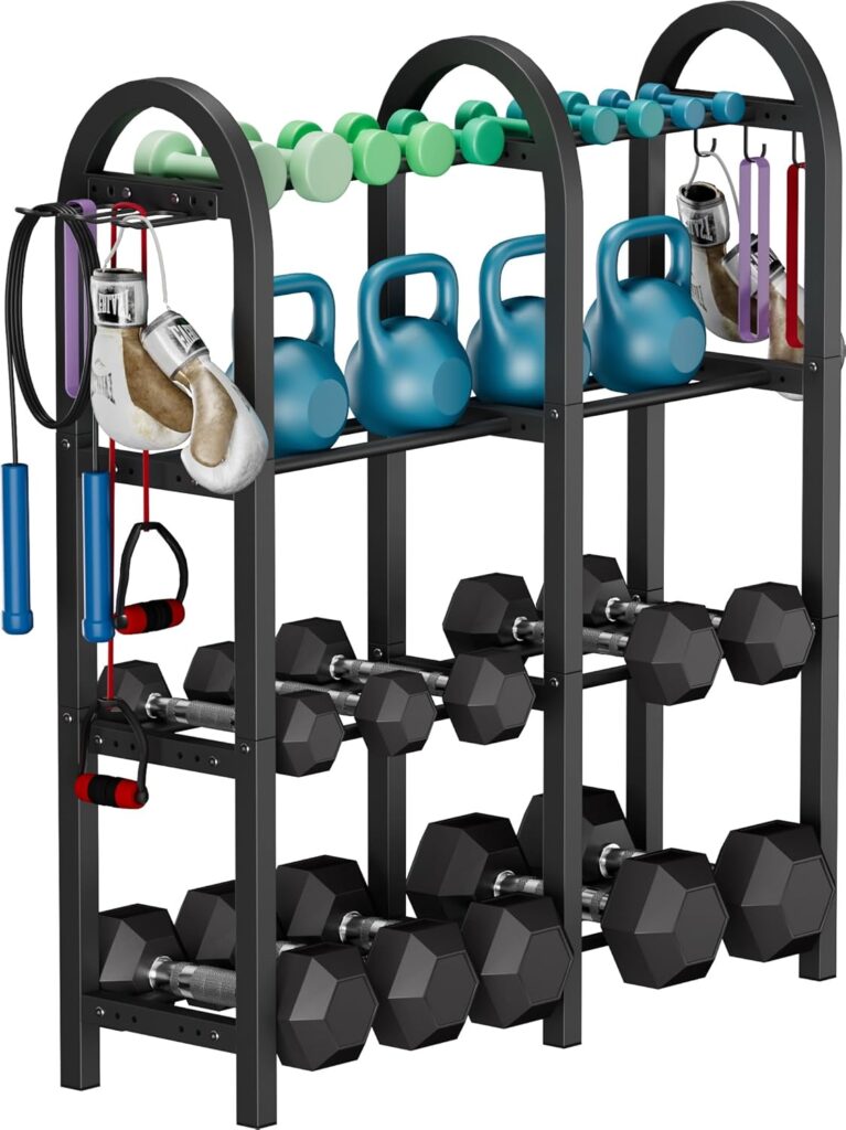 Adjustable Dumbbell Rack, Weight Storage Stand Holder for Dumbbells & Kettlebells, Heavy-Duty Metal Home Gym Workout Organizer with Hook for Gym Equipment Accessories (Rack Only)
