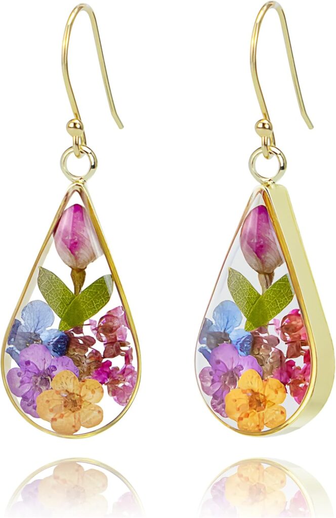 925 Sterling Silver Pressed Flower Teardrop Earrings,Hypoallergenic Women’s Jewelry Gift for Mom and Wife,Handmade Natural Dried Flower Teardrop Earrings Jewelry Gift