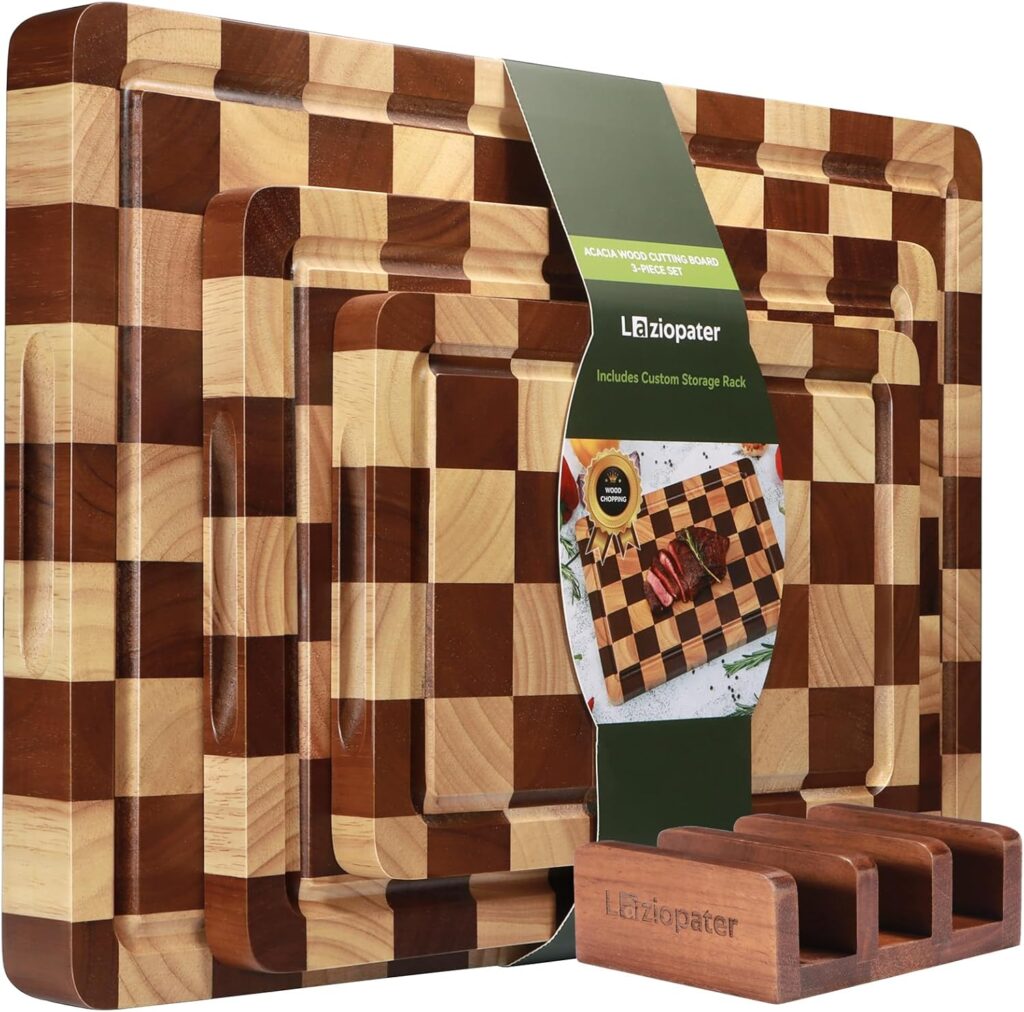 Checkerboard Cutting Board, Acacia Wood Cutting Board, Solid Wooden Chopping Board Set of 3 for Kitchen with Holder with Deep Juice Grooves & Built-in Handles, for Meat, Vegetables and Fruits