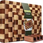 Checkerboard Cutting Board, Acacia Wood Cutting Board, Solid Wooden Chopping Board Set of 3 for Kitchen with Holder with Deep Juice Grooves & Built-in Handles, for Meat, Vegetables and Fruits