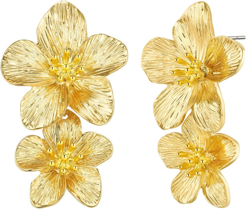 18K Gold Plated Large Chunky Flower Statement Earrings for Women by SNGIA, Summer Beach Floral Handmade Drop Jewelry, Maximalist Wedding Date Birthday Gift, Bold Exaggerated Textured Dangle Trendy Ribbed Jewelry, 18K Gold Plated Chandelier Fashion Accessories, Vintage Hammered Thick Nickle Free Gifts.