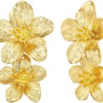18K Gold Plated Large Chunky Flower Statement Earrings for Women by SNGIA, Summer Beach Floral Handmade Drop Jewelry, Maximalist Wedding Date Birthday Gift, Bold Exaggerated Textured Dangle Trendy Ribbed Jewelry, 18K Gold Plated Chandelier Fashion Accessories, Vintage Hammered Thick Nickle Free Gifts.