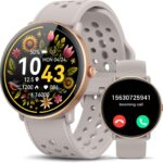 Smart Watch for Women Men, for Android iOS with Sleep Monitor, Pedometer Fitness Tracker, Bluetooth Call, IP68 Waterproof, 112+ Sport Modes Calorie Counter Round Face Smartwatch (Caramel Gold, 1.39)