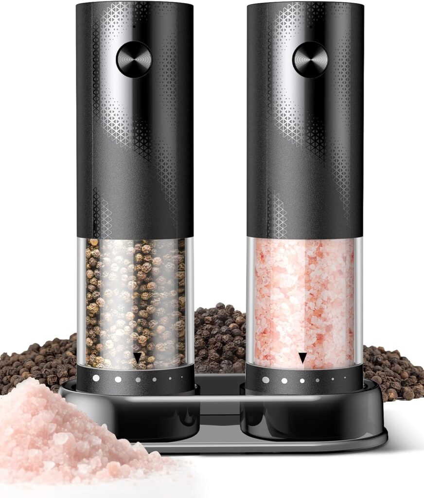Electric Salt and Pepper Grinder Set – Rechargeable Automatic Salt and Pepper Shakers, Kitchen Appliances with External Adjustable Coarseness, Larger Hopper for Cooking, Home Gifts(2 Pack,Black/Black)