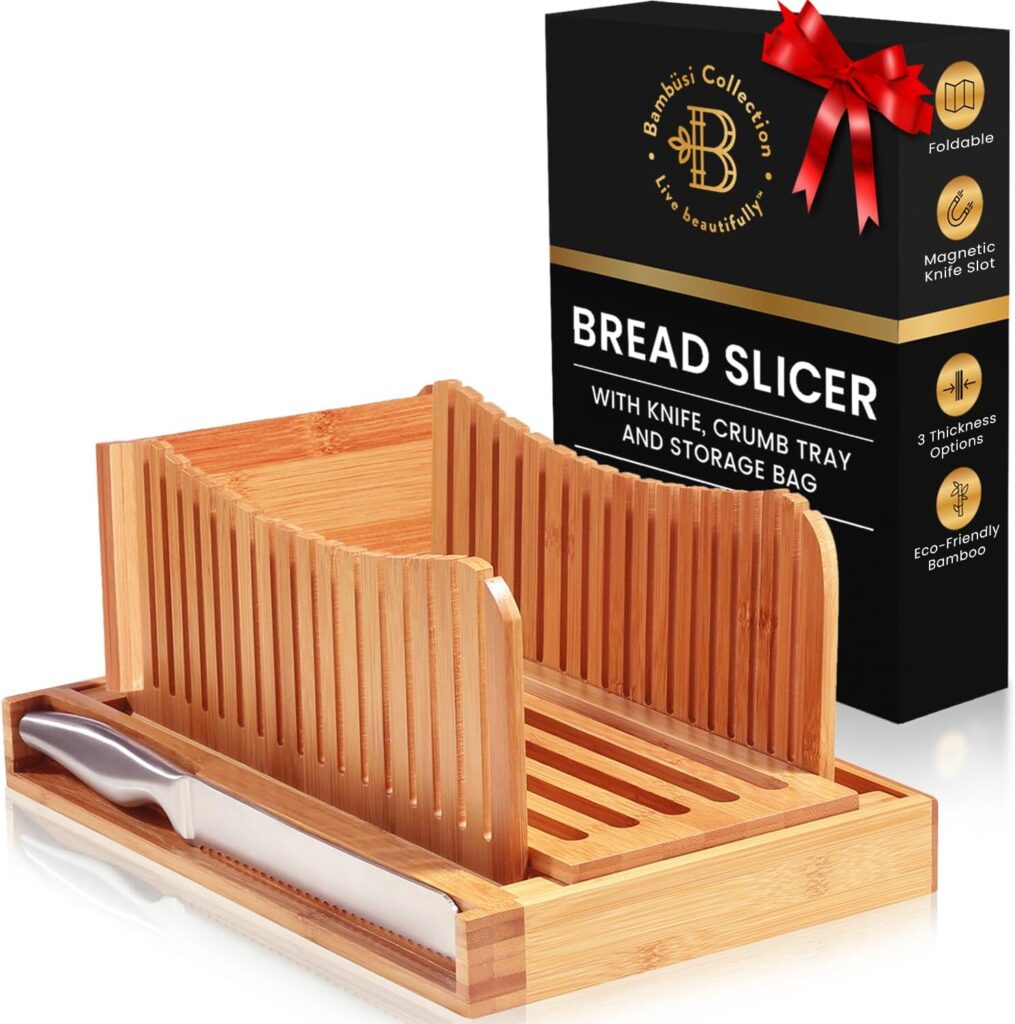Bread Slicer for Homemade Bread – Adjustable Bamboo Bread Cutter with Knife, Foldable Slicing Guide & Crumb Tray – Bread Loaf Slicer for Sourdough, Cakes, Bagels, Loaves – Kitchen Baking Tool & Gift