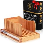 Bread Slicer for Homemade Bread – Adjustable Bamboo Bread Cutter with Knife, Foldable Slicing Guide & Crumb Tray – Bread Loaf Slicer for Sourdough, Cakes, Bagels, Loaves – Kitchen Baking Tool & Gift