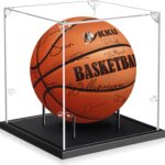 KKU Basketball Display Case, Acrylic Clear Full Size Basketball Case with Solid Wood Base,UV Protected Basketball Display Stand for Autographed Standard NBA WNBA Ball Memorabilia Keepsake, Black