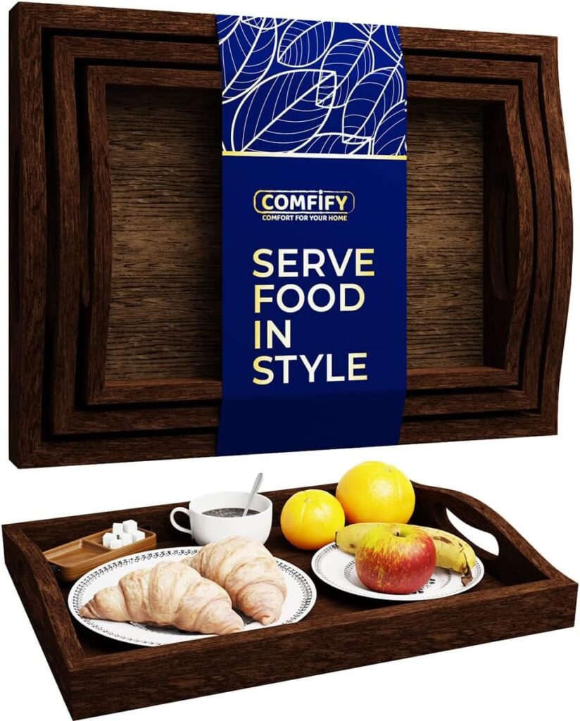 Comfify Serving Trays Set of 3 – Ottoman Wood Trays for Entertainment, Food and Decor – Rustic Farmhouse Distressed Wood Finish – Brown