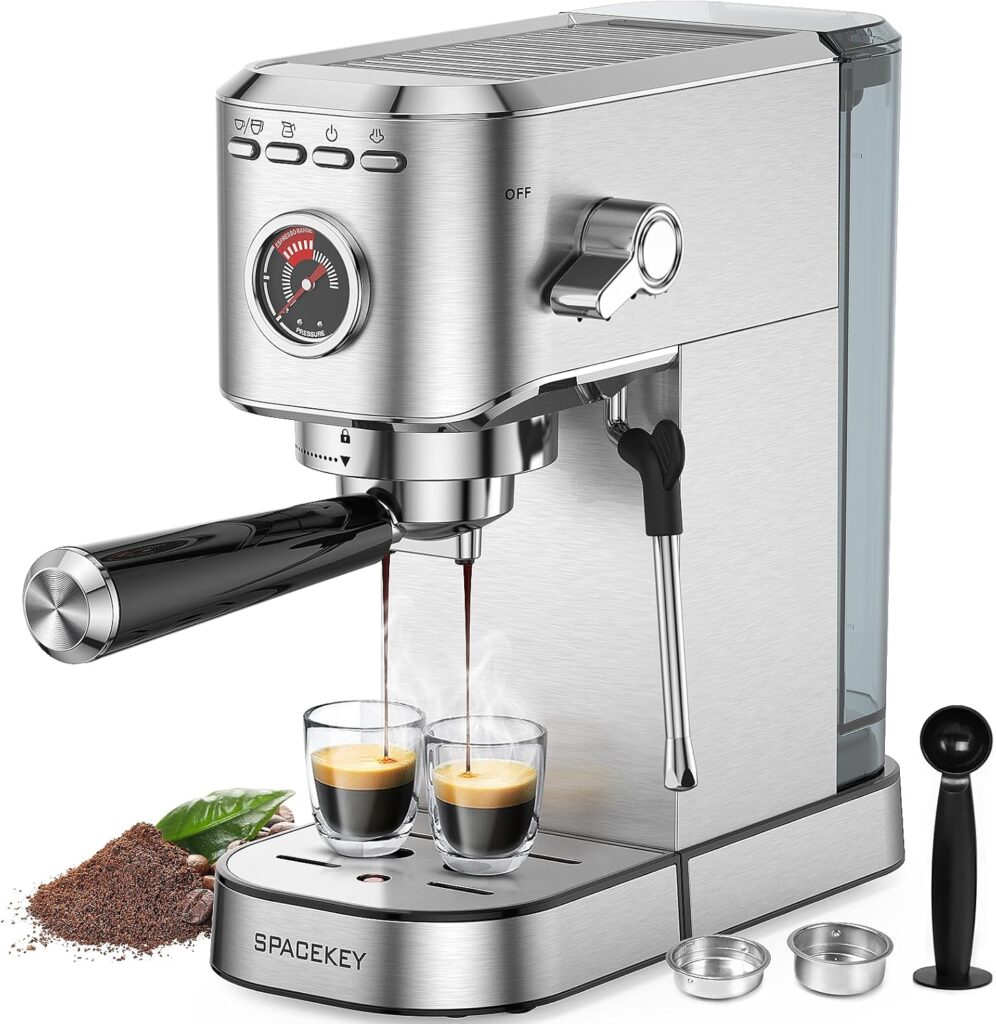 Spacekey Espresso Machine 20 Bar, Professional 1350W Espresso Maker with Milk Frother, Compact Stainless Steel Cappuccino & Latte & Americano Maker with 39oz Removable Water Tank, Silver