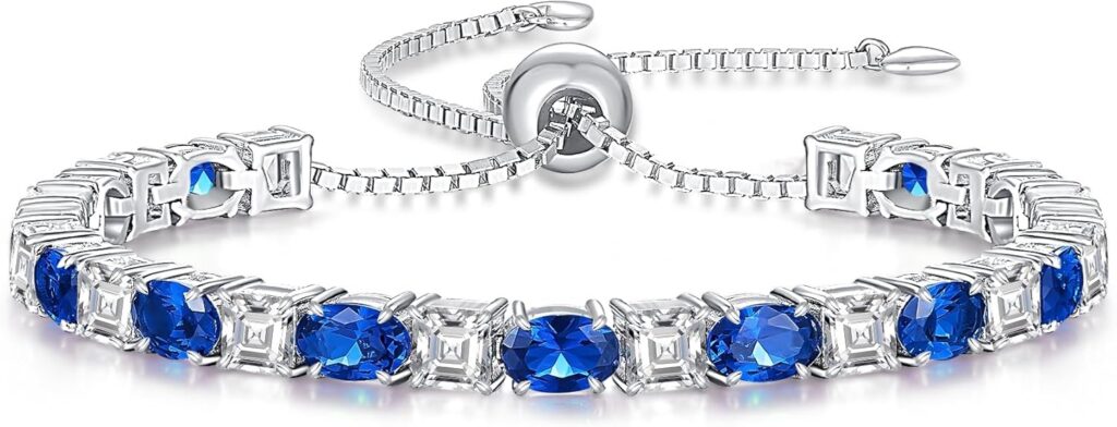 Sterling Silver Birthstone Bracelets for Women White Gold Tennis Bracelets Adjustable Chain 6-9 Inchs Jewelry Hypoallergenic Anniversary Birthday Gifts for Women Mom Wife Her